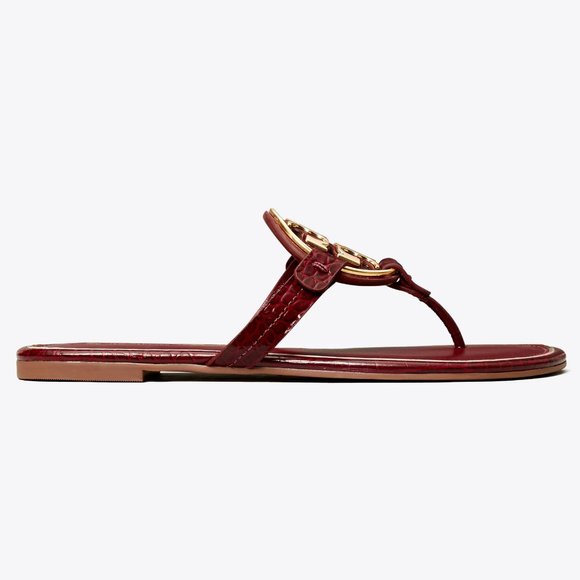 Tory Burch Metal Miller Croc Embossed Logo Sandals Burgundy Roma Red MANY SIZES! - Picture 5 of 13